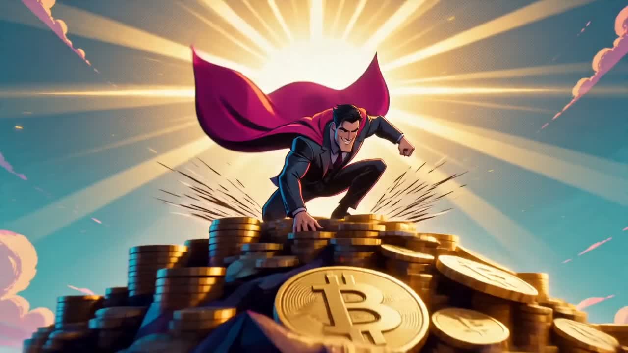The Riskmaster atop a mountain of golden Bitcoin