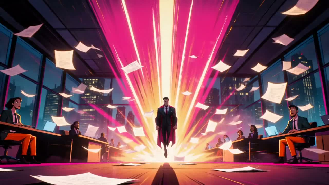 The Riskmaster bursts into a boardroom, cape billowing